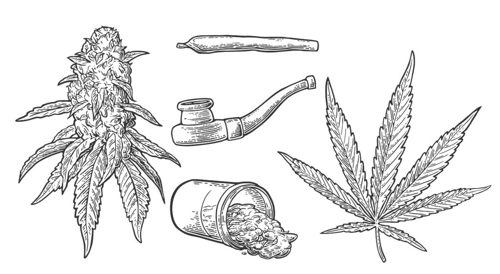 marijuana leaf, flower, pipe and joint